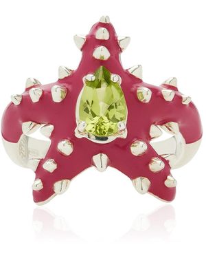 Bea Bongiasca Stella Studded Sterling Silver Peridot And Enamel Ring - Red