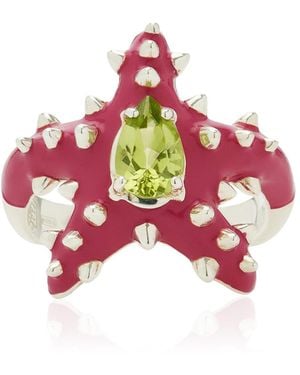 Bea Bongiasca Stella Studded Sterling Silver Peridot And Enamel Ring - Red