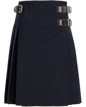 Prada Belt-Detailed Pleated Wool-Blend Midi Skirt - Blue