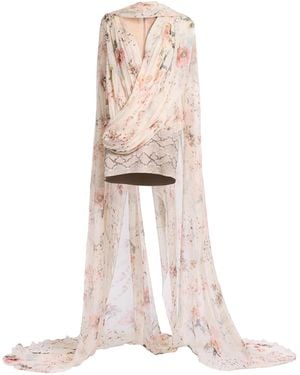 Elie Saab Printed Chiffon Short Dress - White