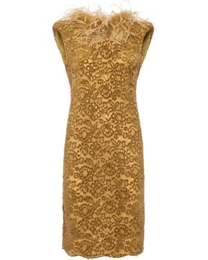DES_PHEMMES Feather-Trimmed Lace Mini Dress - Metallic