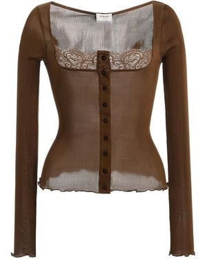 Saint Laurent Lace-trimmed Ribbed Silk Jersey Top - Brown