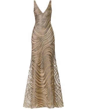 Naeem Khan V-Neck Sequin Metallic Cording Fit-And-Flare Gown - Natural