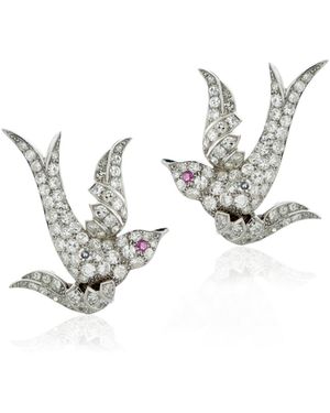 Simon Teakle Platinum Diamond And Ruby Swallow Earrings - White