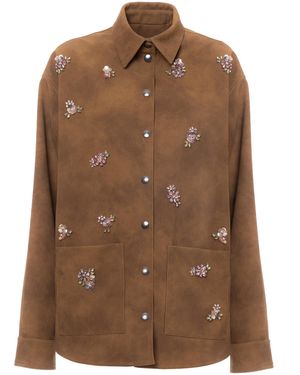DES_PHEMMES Floral Embroidered Faux Suede Shirt Jacket - Brown