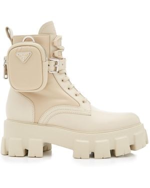 Prada Monolith Lace-Up Boots With Pouch - Natural