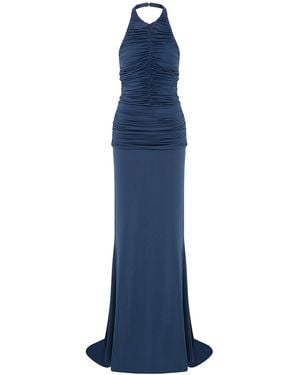 ILA THE BRAND Rami Ruched Satin Maxi Halter Dress - Blue
