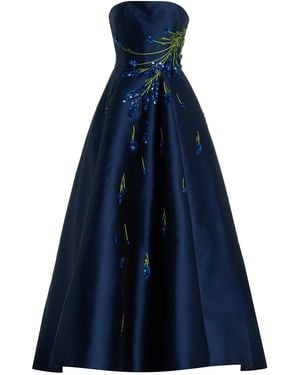 Monique Lhuillier Embroidered Mikado Silk Ball Gown - Blue
