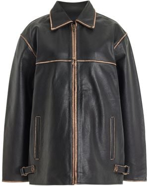 Worn Vintage Faded Leather Jacket - Black
