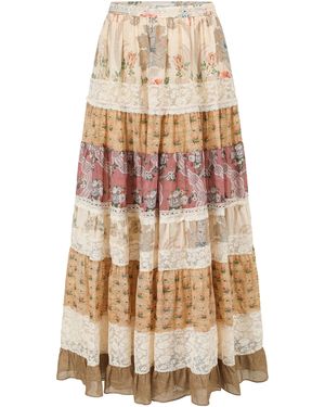 Into The East Floral Scroll-Layer Lace Panelled Maxi Skirt - Natural