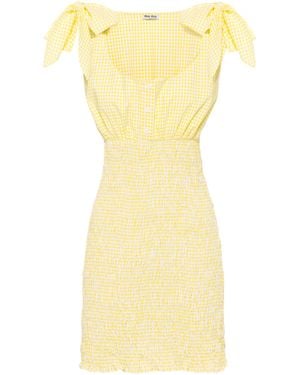 Miu Miu Smocked Checked Cotton Mini Dress - Yellow