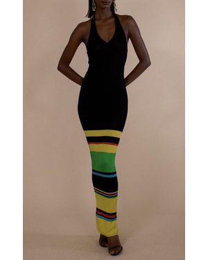 Christopher John Rogers Sheer Striped Hem Halter Ribbed Gown - Black