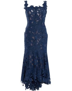 Oscar de la Renta Asymmetric Floral Guipure Midi Dress - Blue