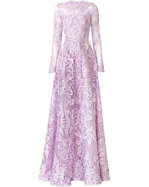 Naeem Khan Ribbon Lace Long Sleeve Gown - Purple
