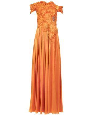 Costarellos Isla Crystal Metallic-Georgette Off-The-Shoulder Gown - Orange