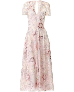 Naeem Khan Floral V-Neck Beaded Midi Dress - Pink