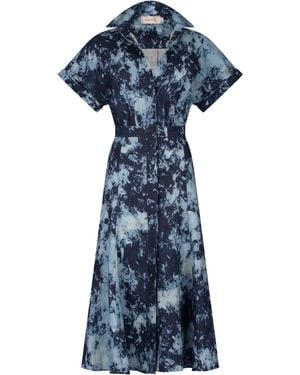 Silvia Tcherassi Noor Tie-Dye Linen Short-Sleeve Midi Shirtdress - Blue