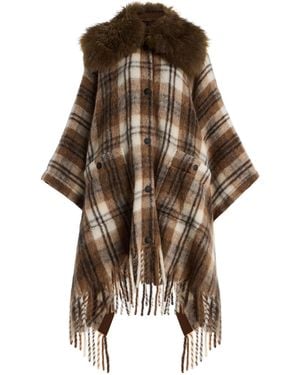 Moncler Shearling-Trimmed Checked Wool Cape - Brown