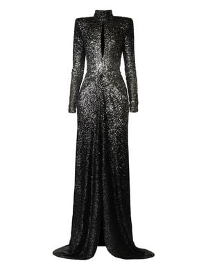 Naeem Khan Ombre Draped Mock Neck Stretch Sequin Gown With Front Slit - Black