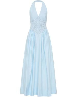 ROAME. Maddie Broderie Anglaise Cotton Halter Maxi Dress - Blue