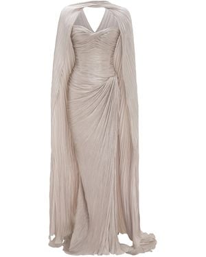 Marmar Halim Pleated Silk Capelet Gown - Natural