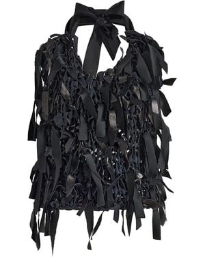KHAITE Tevis Fringed Plonge Leather Halter Top - Black