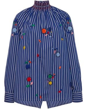 Prada Embroidered Cotton Smocked Top - Blue