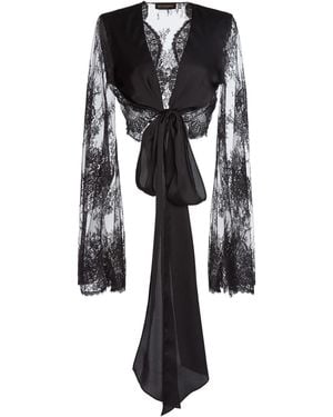 Zuhair Murad Mixed Lace Chiffon Cropped Wrap Blouse - Black