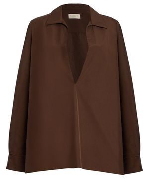 Comme Si Deep V-Neck Cotton-Poplin Shirt - Brown