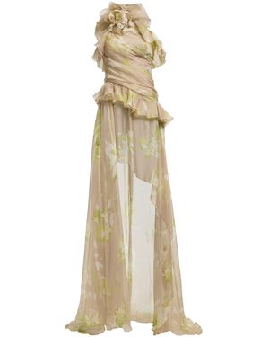 Elie Saab Asymmetrical Draped Ruffle Silk-Chiffon Gown - Natural