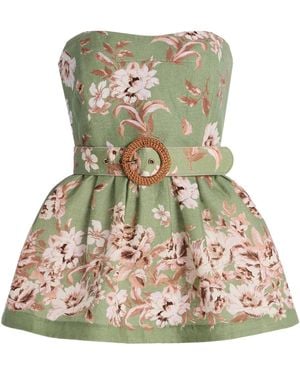 Cara Cara Tilda Belted Floral-Linen Peplum Top - Green