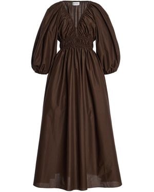 Matteau Shirred Cotton Plunge Button Midi Dress - Brown