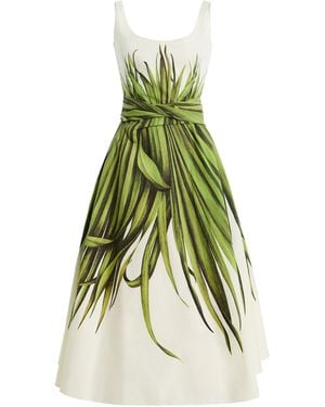 Oscar de la Renta Palm Leaves Cotton-Poplin Midi Dress - Green
