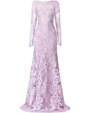 Naeem Khan Ribbon Lace Boatneck Long Sleeves Fit-And-Flare Gown - Purple