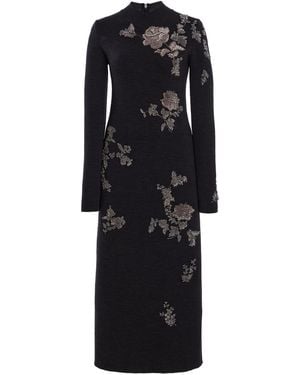 Oscar de la Renta Embroidered Knit Midi Dress - Black