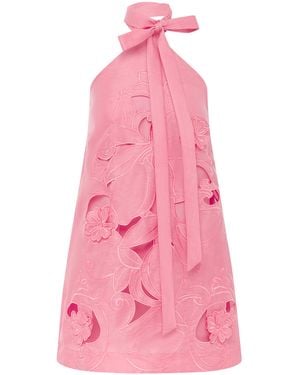 LEO LIN Lola Floral-Appliqued Linen-Blend Halter Mini Dress - Pink