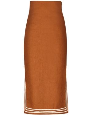 ANDRES OTALORA Habana Embroidered Linen Midi Skirt - Brown