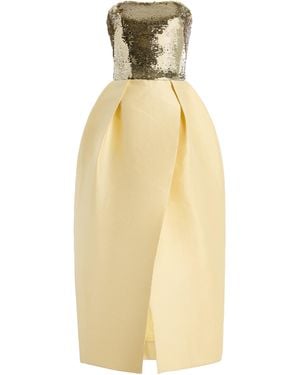 Monique Lhuillier Sequin-Bodice Cotton-Blend Mikado Midi Dress - Yellow