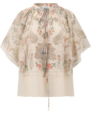 Into The East Scroll Lace Trim Flutter Sleeve Top - Natural
