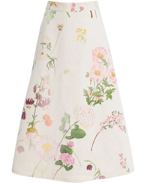 Oscar de la Renta Botanical Cotton-Denim Midi Skirt - White