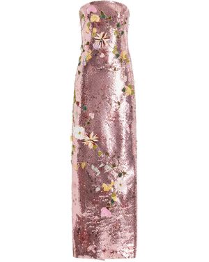 Monique Lhuillier Strapless Embroidered Sequin Gown - White