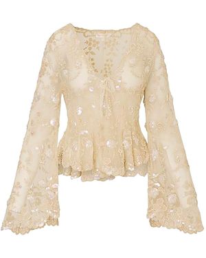 LoveShackFancy Thessaly Sheer Tie-Front Top - Natural