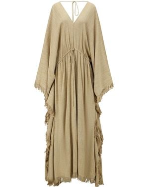 Into The East Drawstring Fringe Silk Maxi Dress - Natural