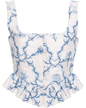 Agua Bendita Eslabon Floral Ruffled Linen Top - Blue