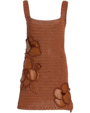 Oscar de la Renta Leather-Trimmed Crocheted Cotton Mini Dress - Brown