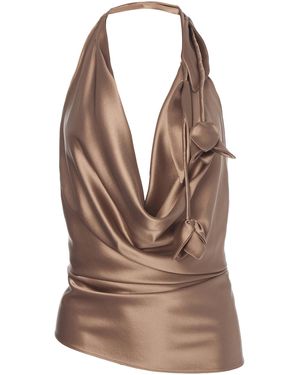 Monse Asymmetrical Draped Silk Top - Brown