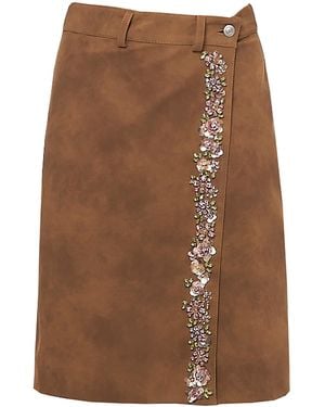 DES_PHEMMES Embroidered Faux Suede Wrap Skirt - Brown