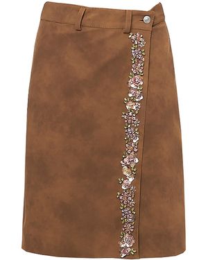 DES_PHEMMES Embroidered Faux Suede Wrap Skirt - Brown