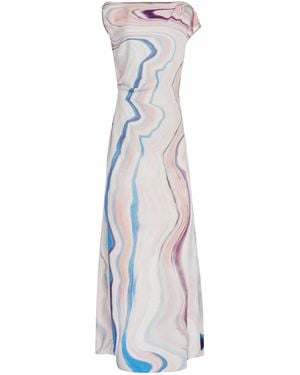 Del Core Asymmetric Printed Satin Maxi Dress - White