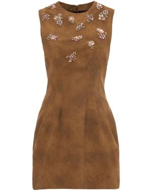 DES_PHEMMES Embroidered Faux Suede Mini Dress - Brown